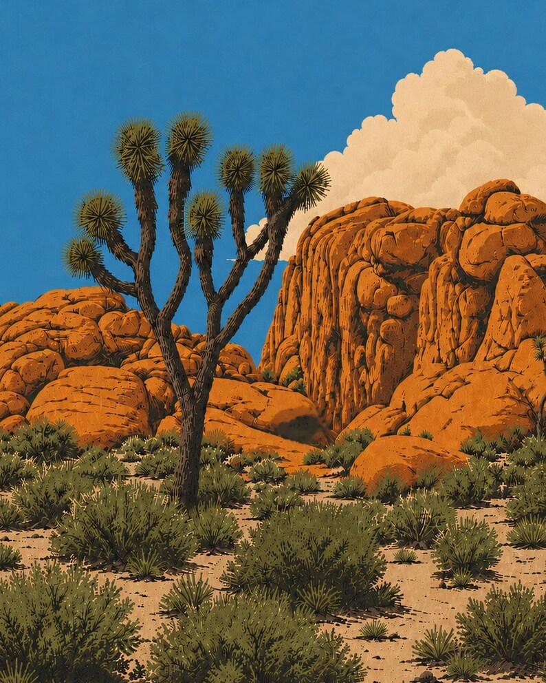 May include: A desert landscape illustration featuring a tall, multi-branched Joshua tree in the foreground. Behind the tree are large, rounded orange rock formations set against a bright blue sky with a single, large, fluffy white cloud.