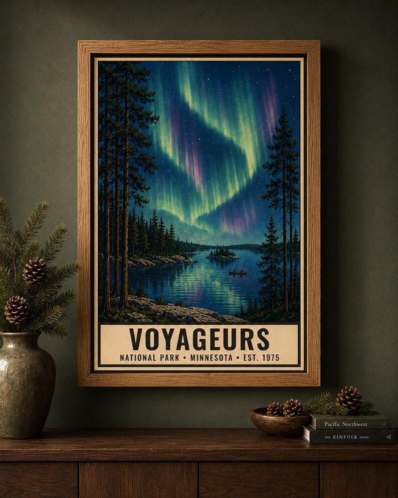 May include: A framed vertical poster depicting a night scene at Voyageurs National Park in Minnesota, established in 1975. The artwork features a dark blue lake reflecting vibrant green and purple aurora borealis lights above a forest of pine trees.