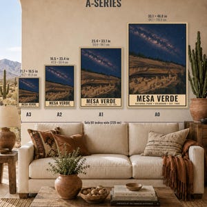 May include: Four framed posters labeled A3, A2, A1, and A0, each displaying a night sky over Mesa Verde National Park. Sizes range from 11.7 x 16.5 inches to 33.1 x 46.8 inches. The text reads A-SERIES, MESA VERDE, and NATIONAL PARK COLORADO EST. 1906.