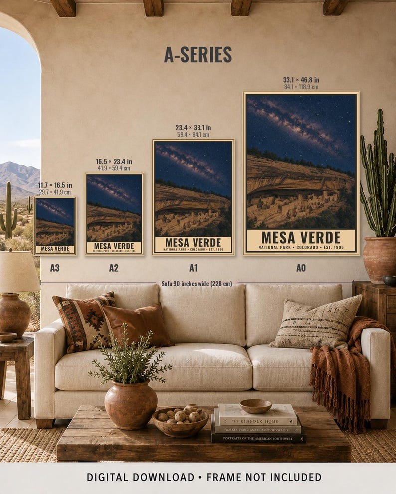 May include: Four framed posters labeled A3, A2, A1, and A0, each displaying a night sky over Mesa Verde National Park. Sizes range from 11.7 x 16.5 inches to 33.1 x 46.8 inches. The text reads A-SERIES, MESA VERDE, and NATIONAL PARK COLORADO EST. 1906.