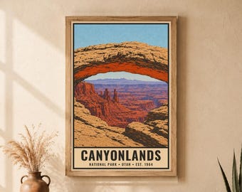Canyonlands National Park Poster, Mesa Arch Utah Vintage Travel Print, Retro Desert Overlook Wall Art, 1960s WPA Style Printable Decor