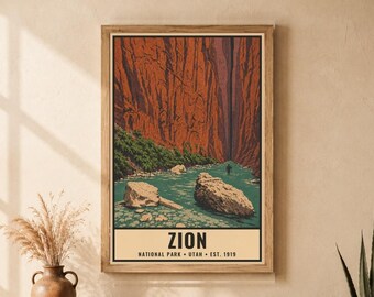 Zion National Park Poster, The Narrows Utah Vintage Travel Print, Retro Hiker Canyon Wall Art, 1960s WPA Style Serigraph Printable Decor