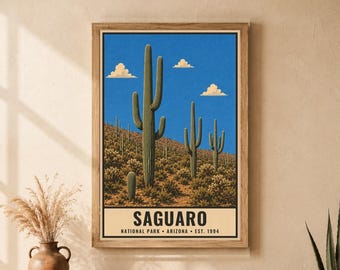 Saguaro National Park Poster, Vintage Arizona Cactus Artwork, Sonoran Desert Travel Decor, Printable Digital Download, WPA Style