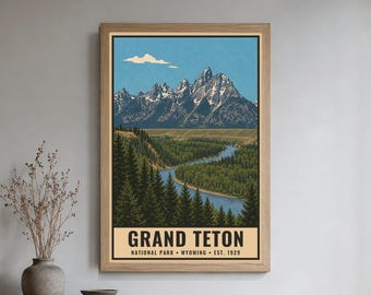 Grand Teton National Park Poster, Wyoming Mountain Lake Vintage Travel Print, Retro Alpine Landscape Wall Art, WPA Style Printable Decor