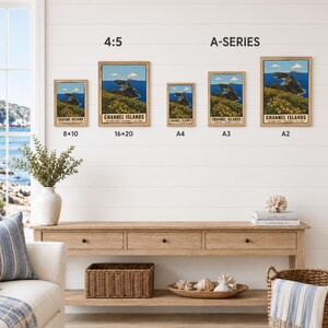 May include: Five framed prints of Channel Islands National Park displayed on a wall, labelled with sizes 8x10, 16x20, A4, A3, and A2. The artwork features a coastal landscape with blue ocean, cliffs, and yellow flowers. Text reads DIGITAL DOWNLOAD - FRAME NOT INCLUDED.