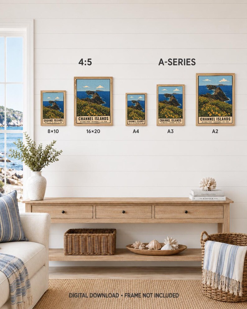 May include: Five framed prints of Channel Islands National Park displayed on a wall, labelled with sizes 8x10, 16x20, A4, A3, and A2. The artwork features a coastal landscape with blue ocean, cliffs, and yellow flowers. Text reads DIGITAL DOWNLOAD - FRAME NOT INCLUDED.