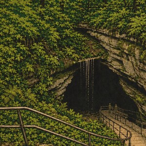 May include: A detailed illustration of a dark cave entrance with a thin waterfall cascading from the top. A metal staircase with railings leads down toward the cave opening, surrounded by dense green foliage and layered rock formations.