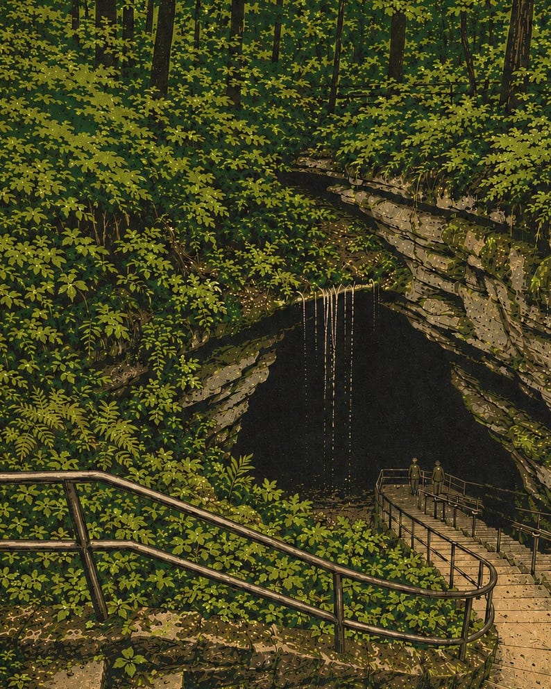 May include: A detailed illustration of a dark cave entrance with a thin waterfall cascading from the top. A metal staircase with railings leads down toward the cave opening, surrounded by dense green foliage and layered rock formations.