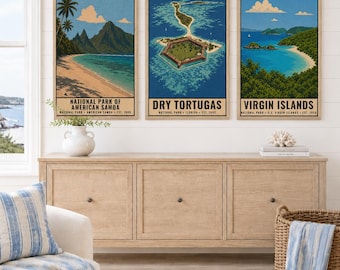 Zestaw 3 plakatów ściennych z motywem oceanu, tropikalne parki narodowe, Dry Tortugas, Wyspy Dziewicze, Samoa Amerykańskie, dom na plaży, grafika do druku