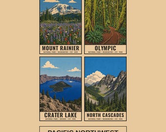Pacific Northwest National Parks Bundle, Mount Rainier Crater Lake Set, Retro Rainforest Wall Art, WPA Style PNW Digital Download Poster