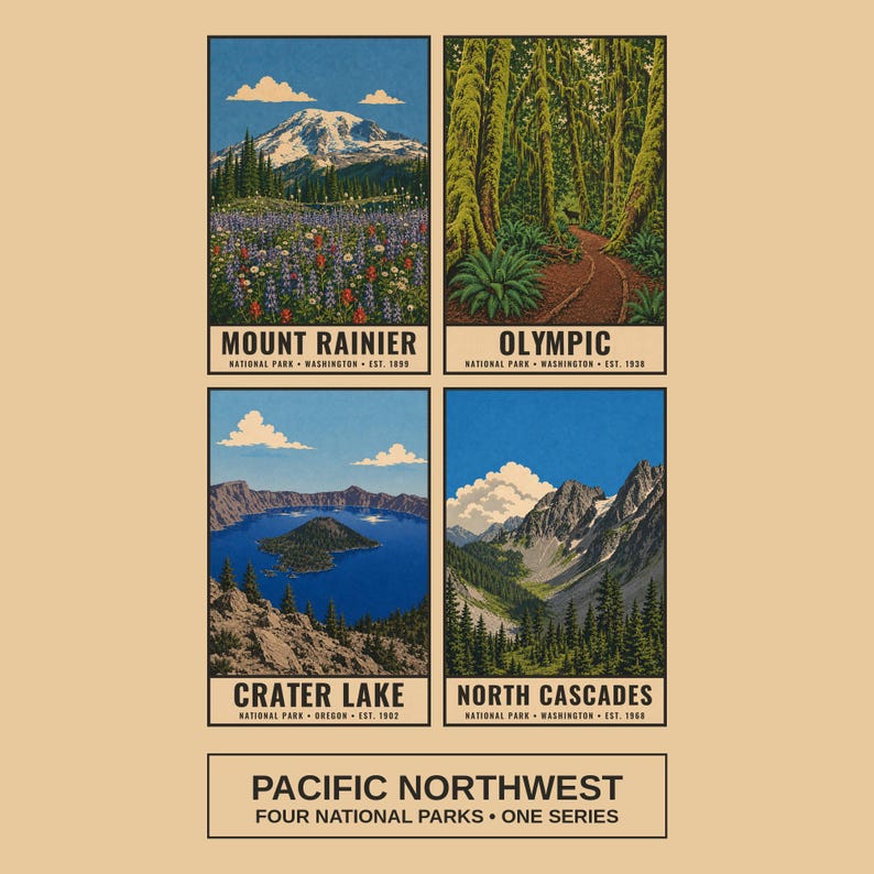 Op de afbeelding: Een poster met vier rechthoekige illustraties van nationale parken: Mount Rainier met wilde bloemen, Olympic met een bospad, Crater Lake met blauw water en North Cascades met bergen. De tekst luidt Pacific Northwest Four National Parks.