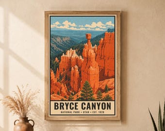 Bryce Canyon National Park Poster, Utah Hoodoo Vintage Travel Print, Retro Orange Desert Wall Art, 1960s WPA Style Serigraph Printable