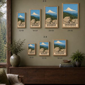 Op de afbeelding: Een collectie van zeven ingelijste wandposters met een landschap van Shenandoah National Park, met rotsachtige voorgronden en blauwe bergen onder een bewolkte lucht. De maten in inches zijn 12x18, 16x24, 20x30, 24x36, 9x12, 12x16 en 18x24. De tekst luidt: DIGITAL DOWNLOAD &bull; FRAME NOT INCLUDED.