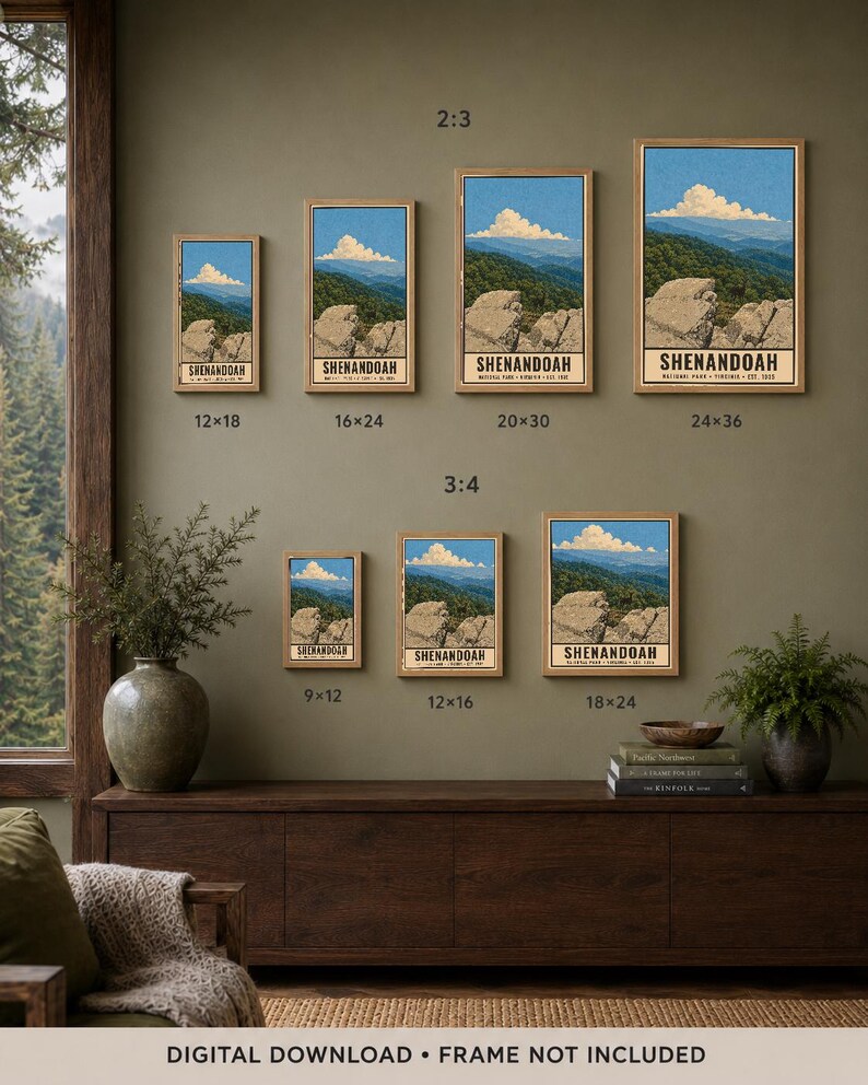 Op de afbeelding: Een collectie van zeven ingelijste wandposters met een landschap van Shenandoah National Park, met rotsachtige voorgronden en blauwe bergen onder een bewolkte lucht. De maten in inches zijn 12x18, 16x24, 20x30, 24x36, 9x12, 12x16 en 18x24. De tekst luidt: DIGITAL DOWNLOAD &bull; FRAME NOT INCLUDED.