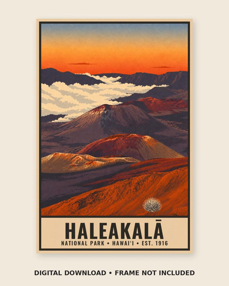 Haleakala National Park Poster, Hawaii Maui Volcano Sunrise Vintage Travel Print, Retro Island Landscape Wall Art, WPA Style Printable image 3
