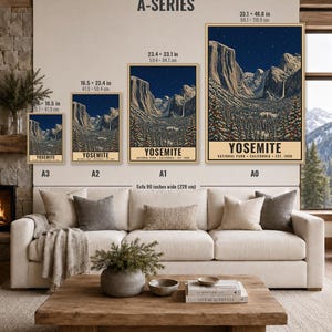 May include: Four vertical posters labeled A3, A2, A1, and A0, each displaying a night landscape of Yosemite National Park with snow-covered trees and mountains. The text reads Yosemite National Park California Est. 1890. Sizes range from 16.5 x 23.4 in to 33.1 x 46.8 in.