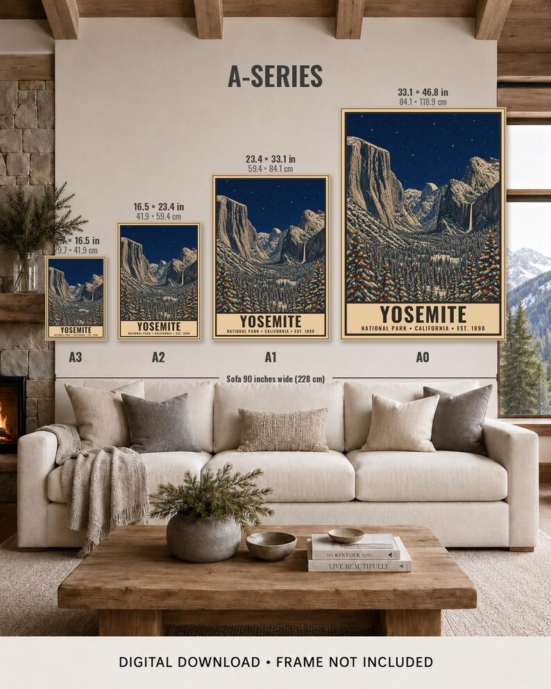 May include: Four vertical posters labeled A3, A2, A1, and A0, each displaying a night landscape of Yosemite National Park with snow-covered trees and mountains. The text reads Yosemite National Park California Est. 1890. Sizes range from 16.5 x 23.4 in to 33.1 x 46.8 in.