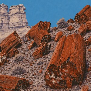 Peut inclure: Une illustration de paysage montrant de grands troncs de bois p&eacute;trifi&eacute; brun rouge&acirc;tre &eacute;parpill&eacute;s sur une pente rocheuse couverte de gravier. En arri&egrave;re-plan, des formations rocheuses claires s'&eacute;l&egrave;vent sous un ciel bleu avec un nuage.