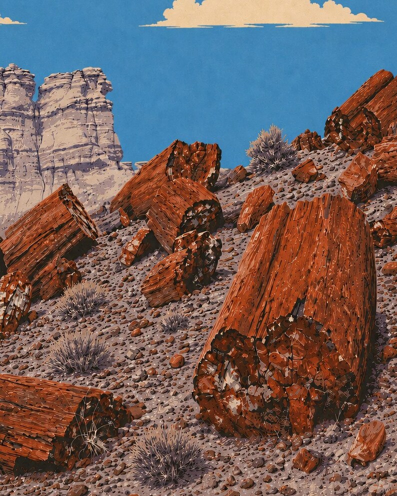 Peut inclure: Une illustration de paysage montrant de grands troncs de bois p&eacute;trifi&eacute; brun rouge&acirc;tre &eacute;parpill&eacute;s sur une pente rocheuse couverte de gravier. En arri&egrave;re-plan, des formations rocheuses claires s'&eacute;l&egrave;vent sous un ciel bleu avec un nuage.