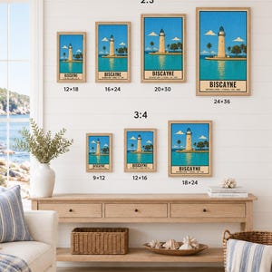 May include: A collection of seven framed posters depicting the Biscayne National Park lighthouse in Florida. The prints feature a light-colored lighthouse, blue water, and palm trees. Sizes include 12x18, 16x24, 20x30, 24x36, 9x12, 12x16, and 18x24 inches.