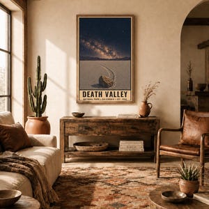 May include: A vertical rectangular wall art print featuring a night sky over Death Valley, California. The image displays a starry sky with a visible Milky Way above a desert landscape with a rock and its trail. The text reads DEATH VALLEY.