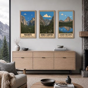 May include: Three vertical rectangular wall art prints featuring illustrations of Yosemite, Kings Canyon, and Lassen Volcanic National Parks. Each print displays a mountain landscape with blue skies, green forests, and text identifying the park.