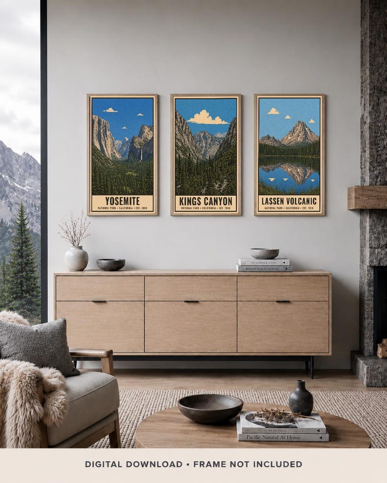 May include: Three vertical rectangular wall art prints featuring illustrations of Yosemite, Kings Canyon, and Lassen Volcanic National Parks. Each print displays a mountain landscape with blue skies, green forests, and text identifying the park.