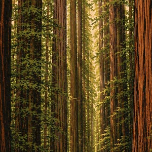 May include: A dense forest of towering redwood trees with thick, vertically textured reddish-brown bark and vibrant green foliage. The tall, straight trunks create a repeating pattern that recedes into a soft, golden-lit background.