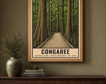 Congaree National Park Poster, South Carolina Swamp Boardwalk Vintage Travel Print, Retro Forest Wall Art, WPA Style Printable Decor