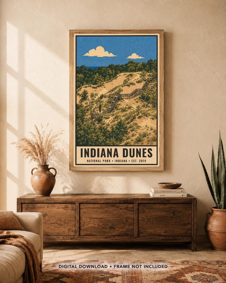 Plakat z Parku Narodowego Indiana Dunes, wydruk z podróży po plaży nad jeziorem Michigan w stylu vintage, dekoracja ścienna z wydmami w stylu retro, dekoracja do druku w stylu WPA z lat 60. XX wieku zdjęcie 1