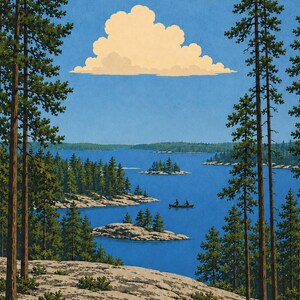 Op de afbeelding: Een landschapsillustratie met een blauw meer omringd door dennenbomen en rotsachtig terrein. Een kleine kano met twee figuren is zichtbaar op het water. Een enkele grote, cr&egrave;mekleurige wolk zweeft in de helderblauwe lucht boven de horizon.