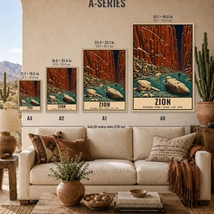May include: A series of four Zion National Park posters labeled A3, A2, A1, and A0, ranging from 11.7 x 16.5 inches to 33.1 x 46.8 inches. The artwork depicts a canyon with red rock walls, a blue river, and colorful lights. Text reads ZION NATIONAL PARK UTAH EST. 1919.