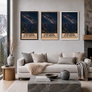 May include: Three vertical wall art prints featuring the Black Canyon of the Gunnison National Park under a starry night sky. Each print displays the text Black Canyon of the Gunnison National Park Colorado Est. 1999 on a tan background.