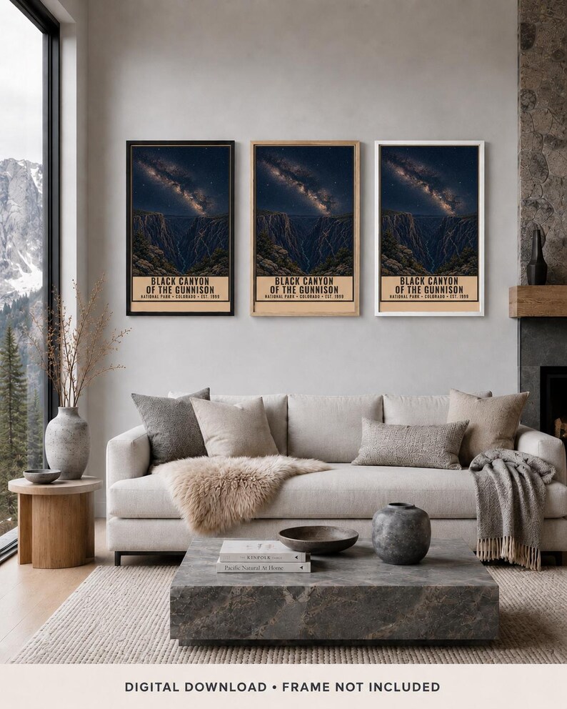 May include: Three vertical wall art prints featuring the Black Canyon of the Gunnison National Park under a starry night sky. Each print displays the text Black Canyon of the Gunnison National Park Colorado Est. 1999 on a tan background.