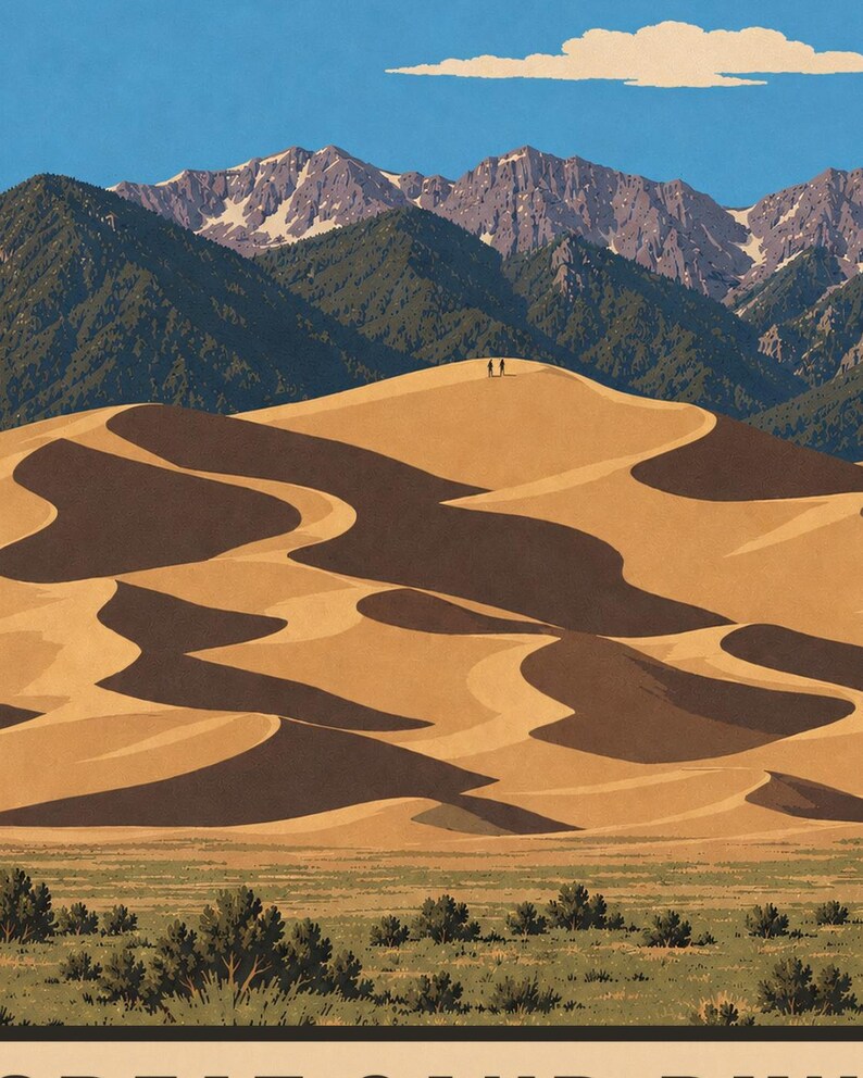 K&ouml;nnte beinhalten: Eine Plakatillustration mit goldenen Sandd&uuml;nen im Vordergrund und zwei kleinen Figuren auf einem Grat. Hinter den D&uuml;nen erheben sich dunkelgr&uuml;ne, bewaldete Berge mit schneebedeckten Gipfeln unter einem klaren blauen Himmel mit einer Wolke.
