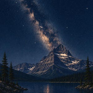 May include: A night landscape featuring a tall, jagged mountain peak with patches of snow, rising above a dark, calm lake. The sky is filled with a dense field of stars and a bright, glowing band of the Milky Way galaxy stretching across the dark blue sky.