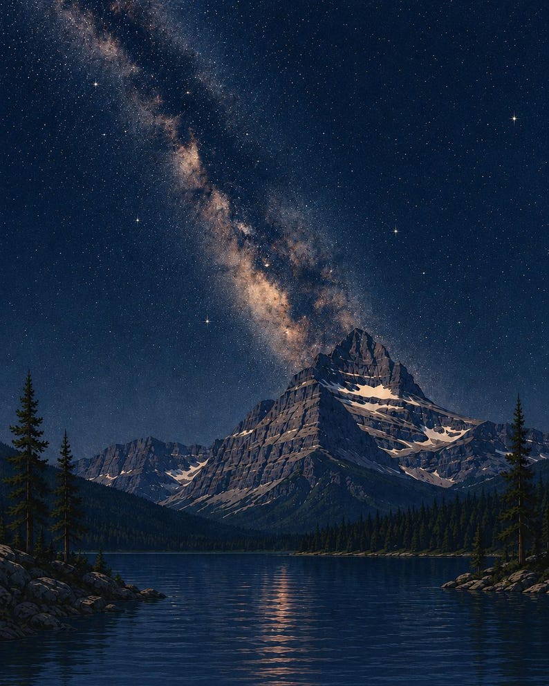 May include: A night landscape featuring a tall, jagged mountain peak with patches of snow, rising above a dark, calm lake. The sky is filled with a dense field of stars and a bright, glowing band of the Milky Way galaxy stretching across the dark blue sky.
