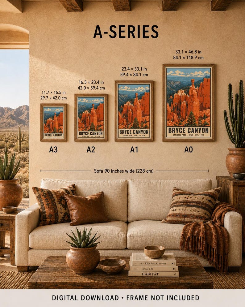 Poster van Bryce Canyon National Park, vintage reisprint met hoodoo-motief uit Utah, retro muurdecoratie met oranje woestijnlandschap, zeefdruk in WPA-stijl uit de jaren 60. afbeelding 11