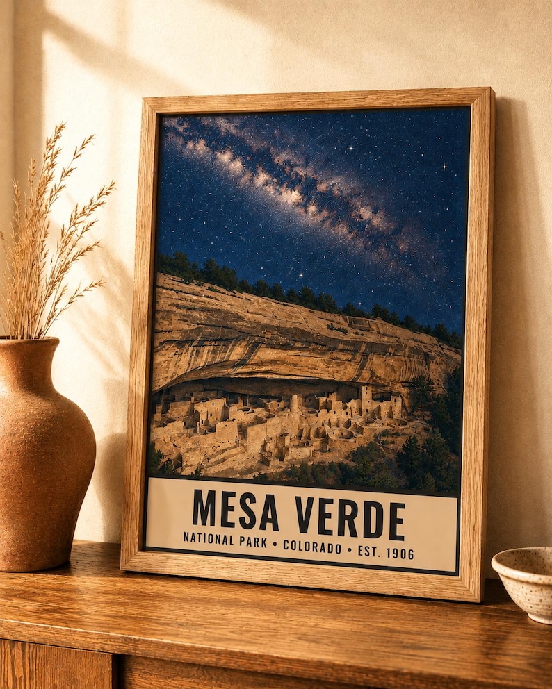 May include: A framed wall art print featuring a night sky filled with stars above the cliff dwellings of Mesa Verde National Park. The print includes the text MESA VERDE NATIONAL PARK COLORADO EST. 1906 in a clean, black sans-serif font at the bottom.