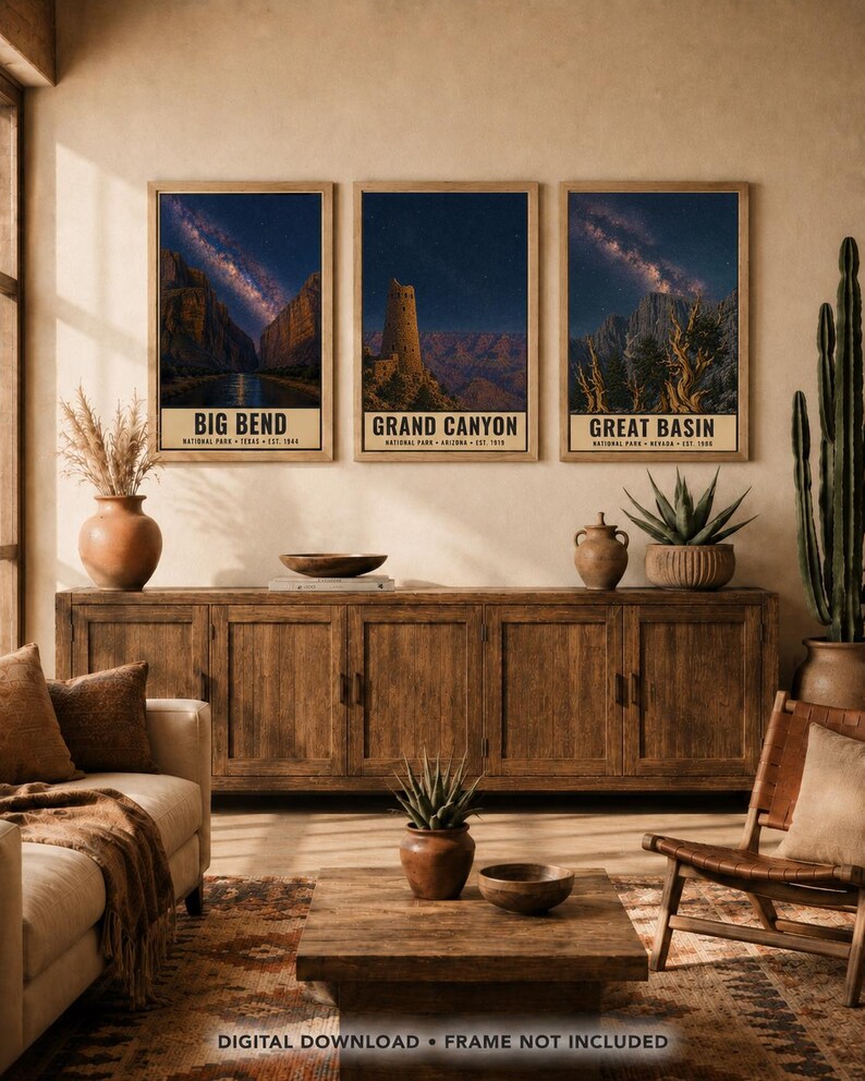 May include: Three vertical wall art prints featuring night sky landscapes of Big Bend, Grand Canyon, and Great Basin National Parks. Each print displays a starry galaxy above natural rock formations and includes text identifying the park name.