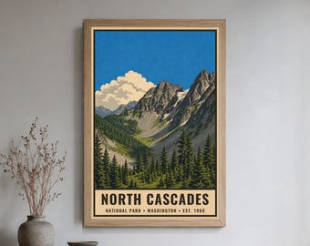 Poster des North Cascades Nationalparks, Vintage-Reisemotiv aus Washington, Alpenlandschaft, druckbarer digitaler Download, vier Größen