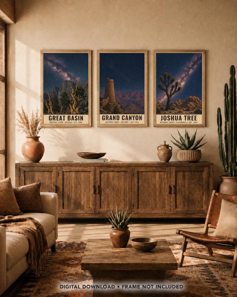 May include: Three vertical wall art prints featuring night sky landscapes of Great Basin, Grand Canyon, and Joshua Tree National Parks. Each print displays a starry galaxy above desert terrain with text identifying the park, state, and year established.