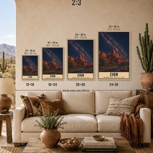 May include: Four vertical wall art prints of Zion National Park featuring a night sky with the Milky Way over red rock mountains. Sizes include 12x18, 16x24, 20x30, and 24x36 inches. The text reads ZION NATIONAL PARK UTAH EST. 1919. Digital download only.