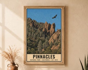 Pinnacles National Park Vintage Travel Poster California Condor Spires Landscape Printable Wall Art Digital Download