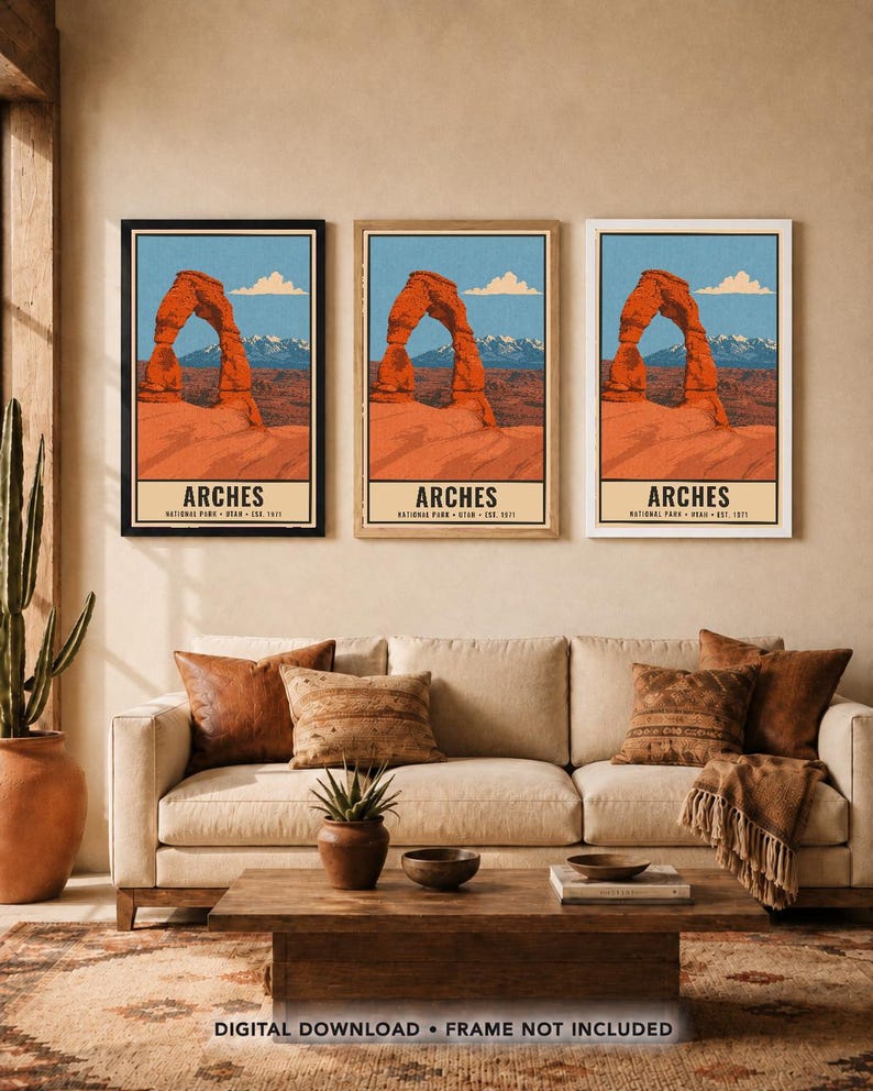 Arches National Park Poster, Delicate Arch Utah Vintage Travel Print, Retro Desert Landscape Wall Art, 1960s WPA Style Printable Decor image 8
