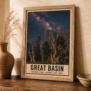 May include: A framed vertical poster featuring a night landscape of Great Basin National Park, Nevada, established in 1986. The artwork displays ancient bristlecone pine trees in the foreground against a dark mountain range and a starry Milky Way sky.