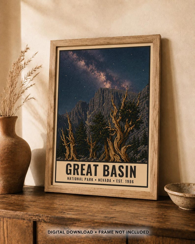 May include: A framed vertical poster featuring a night landscape of Great Basin National Park, Nevada, established in 1986. The artwork displays ancient bristlecone pine trees in the foreground against a dark mountain range and a starry Milky Way sky.