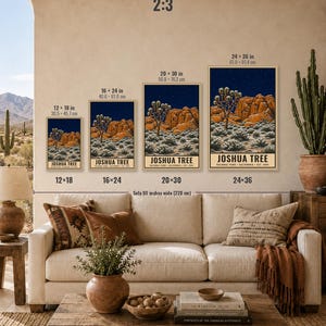 May include: Four vertical wall art prints of Joshua Tree National Park in sizes 12x18, 16x24, 20x30, and 24x36 inches. Each print features a desert landscape with orange rock formations, Joshua trees, and a dark blue starry night sky.