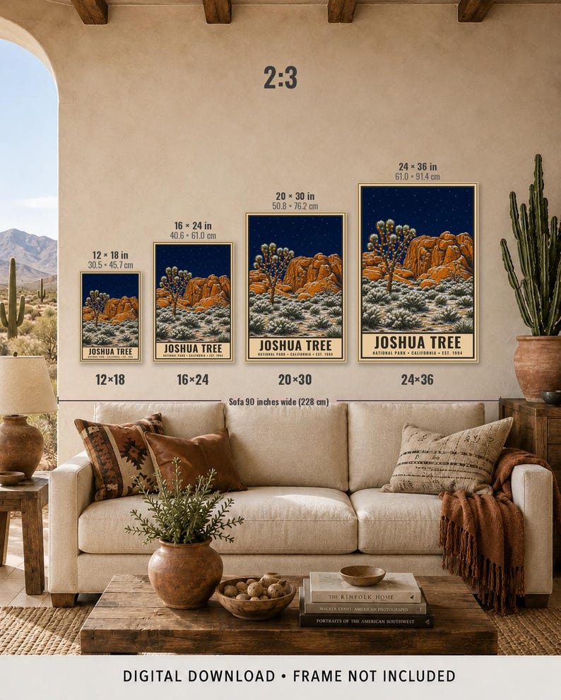 May include: Four vertical wall art prints of Joshua Tree National Park in sizes 12x18, 16x24, 20x30, and 24x36 inches. Each print features a desert landscape with orange rock formations, Joshua trees, and a dark blue starry night sky.