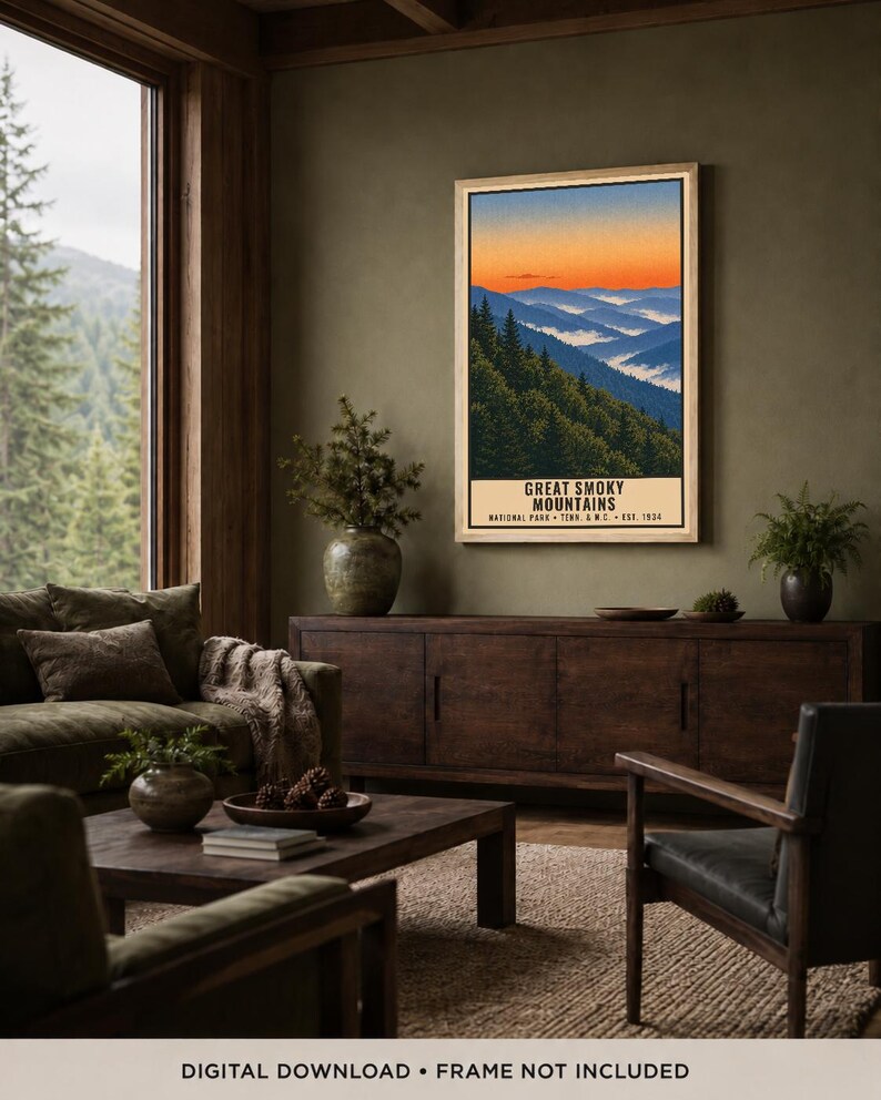 Great Smoky Mountains nationalpark-affisch, vintage resetryck med Blue Ridge-motiv, retro väggkonst i skog och berg, utskrivbar dekoration i WPA-stil bild 5